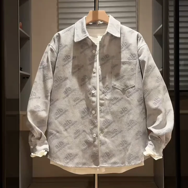 秋季新款男士时尚复古立体植绒提花燕尾牛仔夹克潮流休闲宽松外套