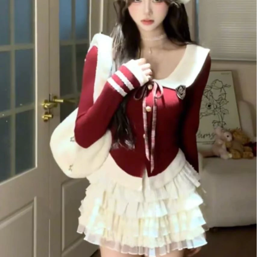 2025年春季小个子新年圣诞纯欲显瘦套装大码微胖mm上衣+蛋糕裙冬