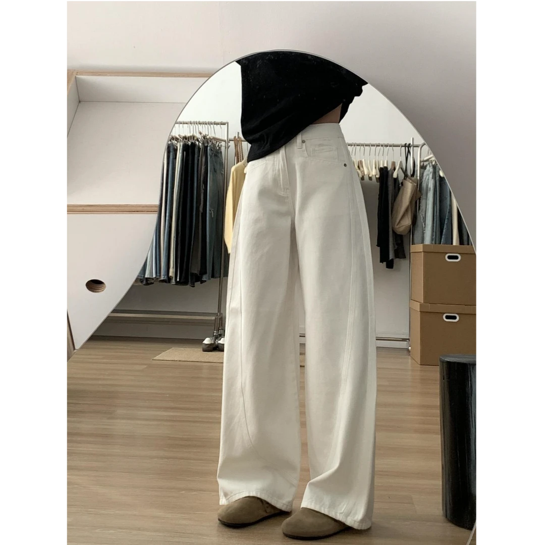 145小个子美式白色设计感阔腿牛仔裤女高腰宽松显瘦垂感拖地长裤