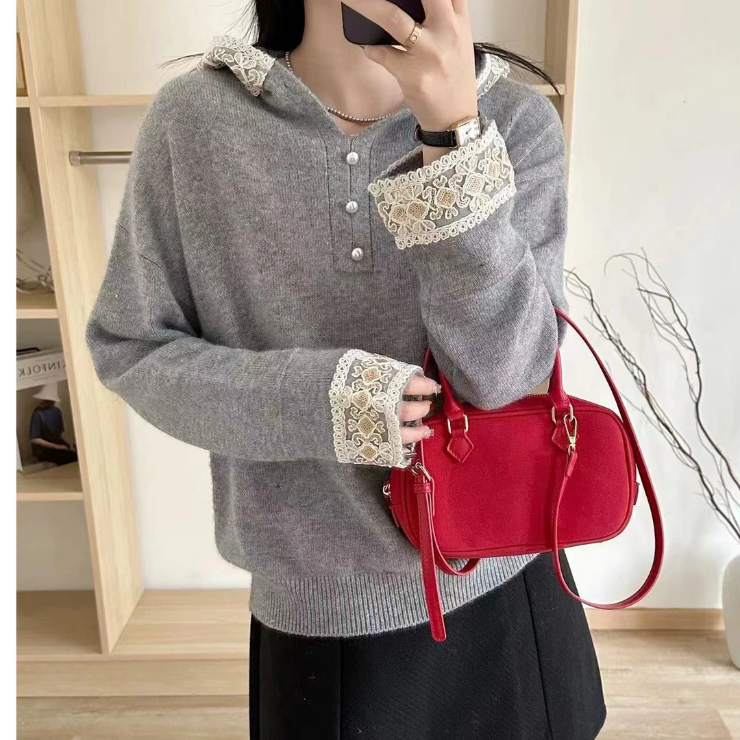法式轻奢蕾丝花边拼接连帽浣熊棉羊毛针织衫女宽松慵懒学院风毛衣