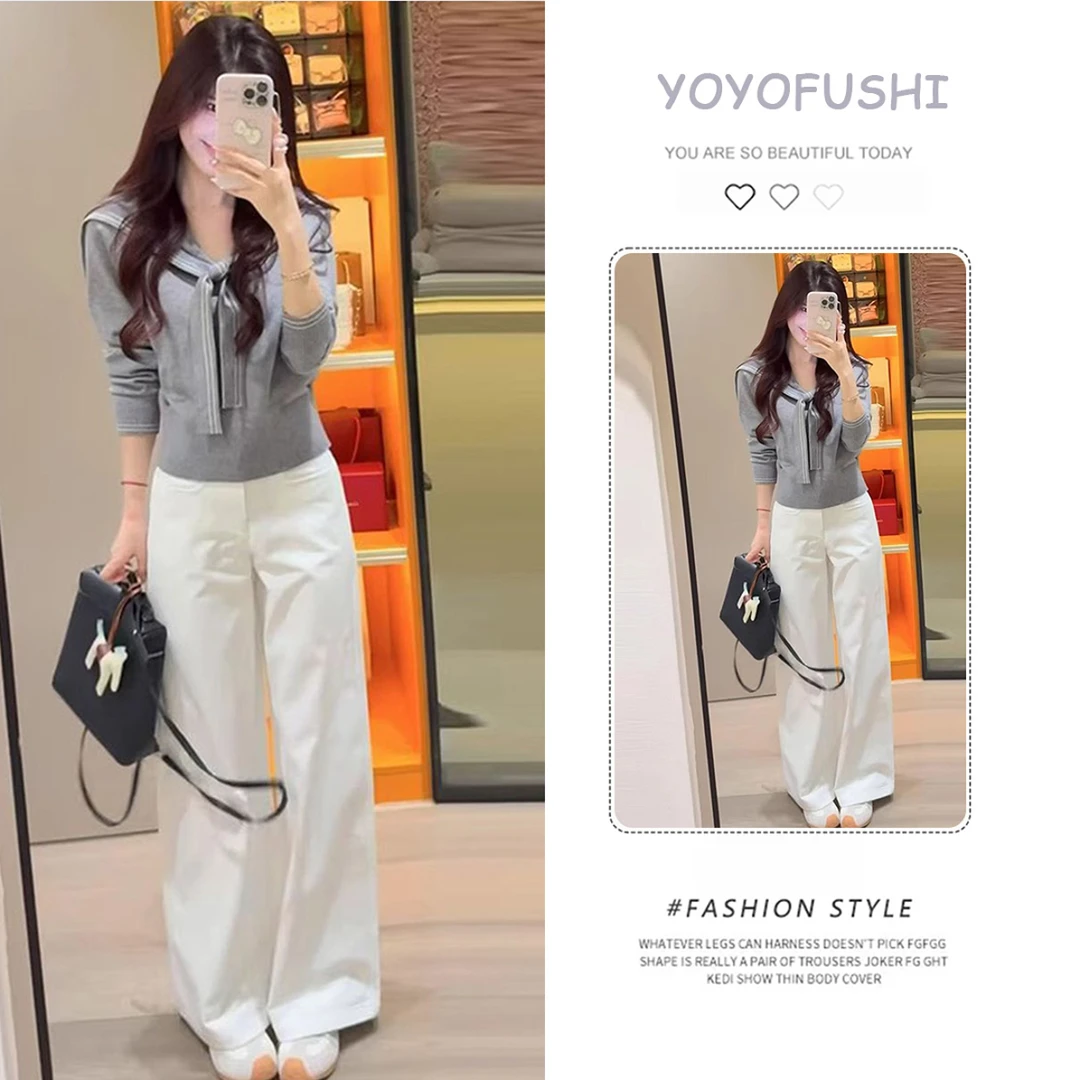 2025秋季新款女装韩系减龄气质长袖针织衫白色牛仔裤学院风两件套