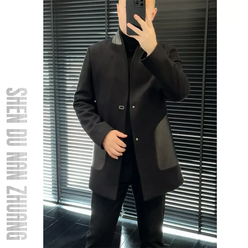 SHEN&DU男装｜“绵羊皮”拼接中长款夹棉毛呢大衣8D18