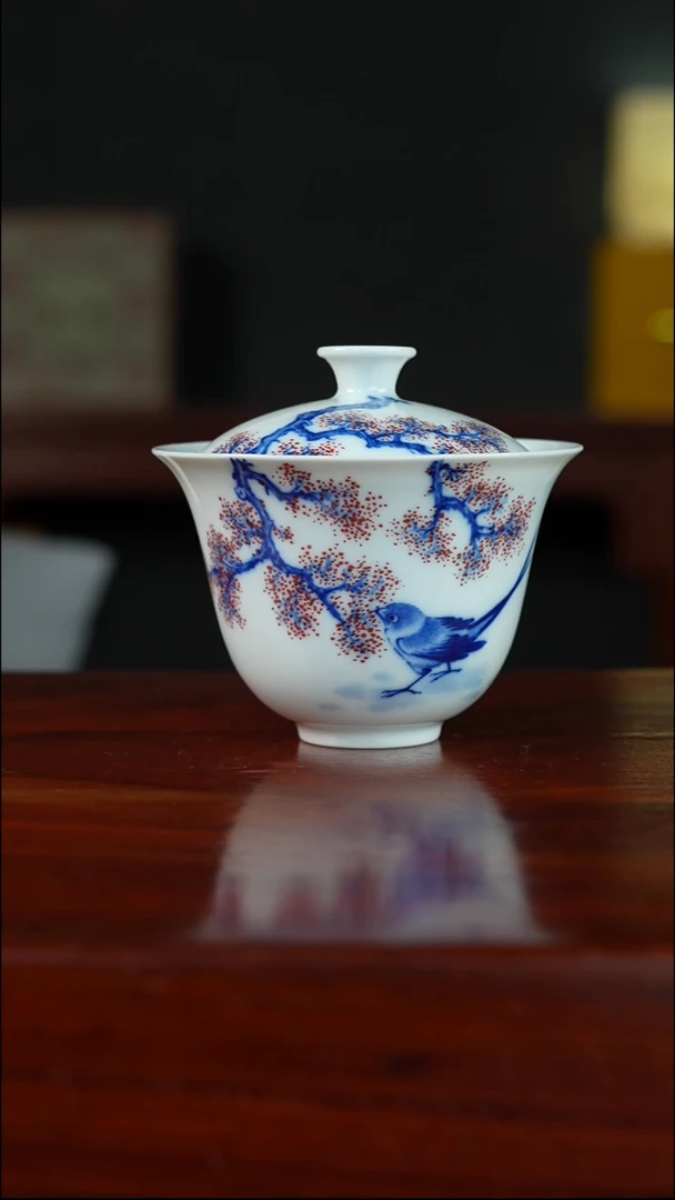 祖传窑  真柴窑传承400年花鸟点红二才盖碗