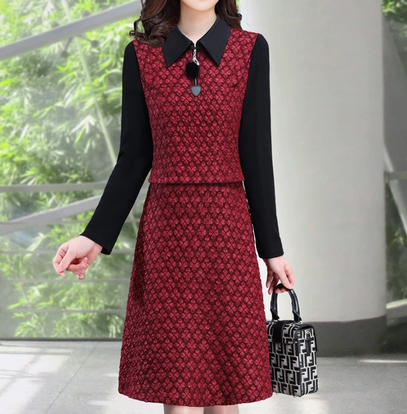 25C16#黑红【木兮兮专属】2025年春季气质显瘦提花翻领假两件连衣裙