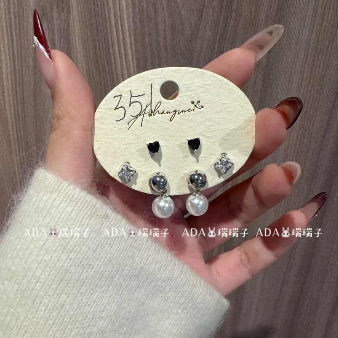 铜合金仿珍珠耳饰 451 925银针 简约时尚耳饰 3对耳钉套组