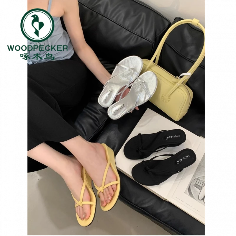 啄木鸟仙女风配裙子黑色夹趾厚底人字拖鞋女夏时尚外穿坡跟凉拖鞋