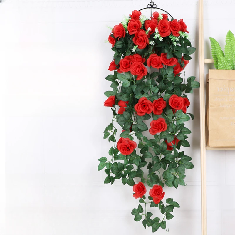 仿真玫瑰花墙壁挂假花装饰阳台室内客厅吊篮塑料藤蔓绿植吊兰婚庆