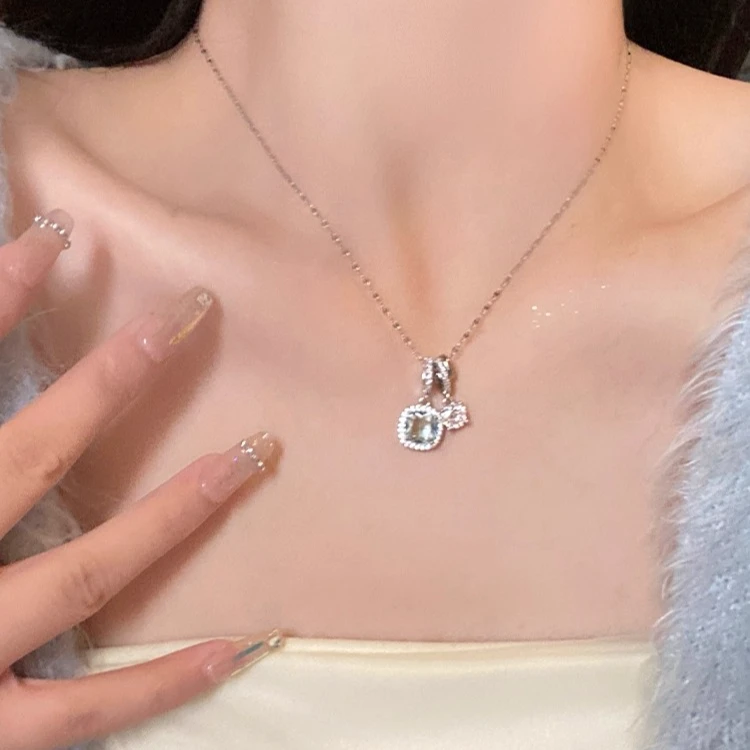 FARCOKO/法蔻 吊坠925银 冰透海蓝色方形项链女高级感情人节礼物