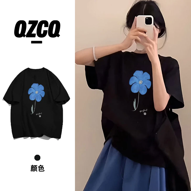 QZCQ韩版小花休闲宽松百搭夏季小众短袖女T恤慵懒设计潮上衣圆领