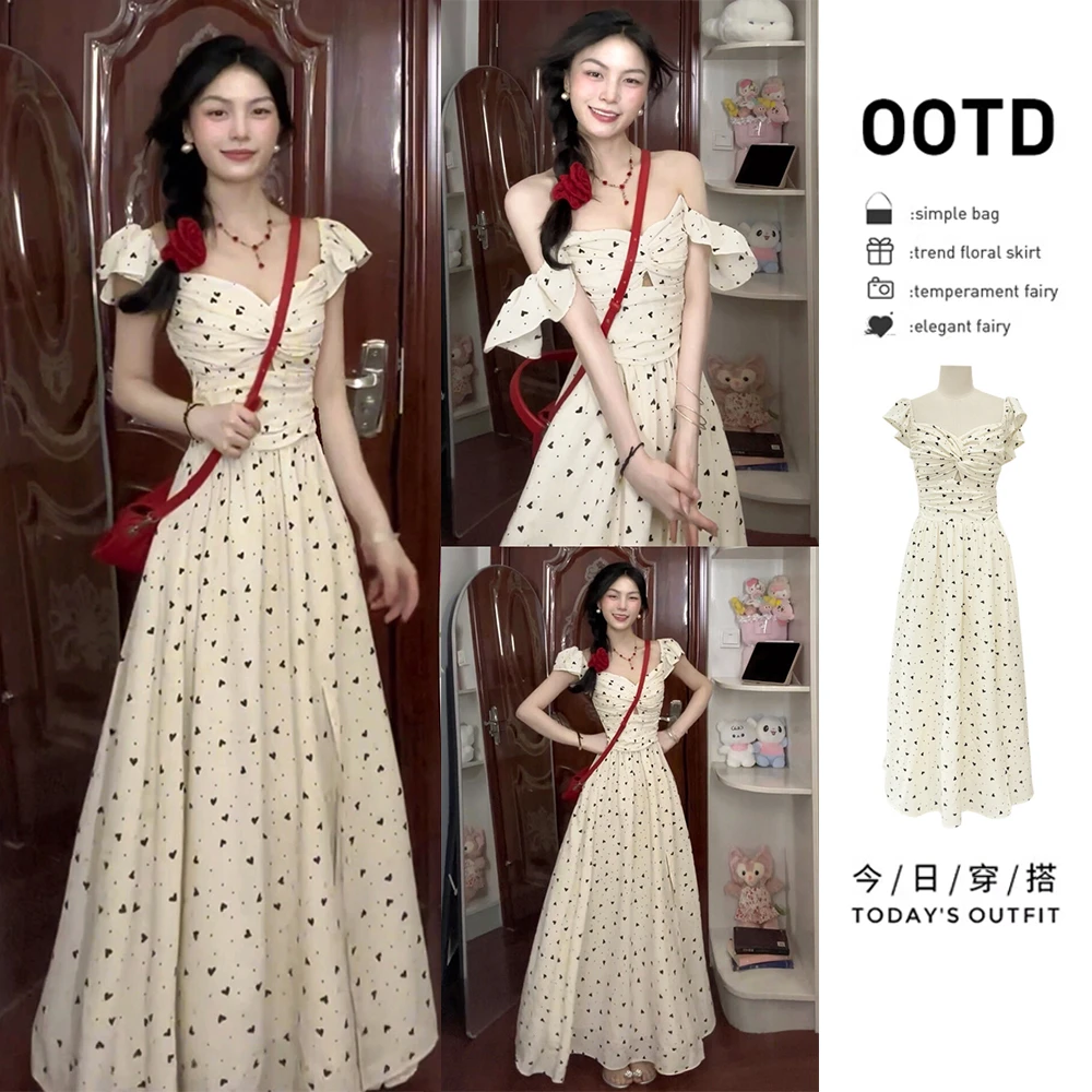 法式小飞袖爱心波点连衣裙女夏季2025新款高级感气质收腰显瘦长裙