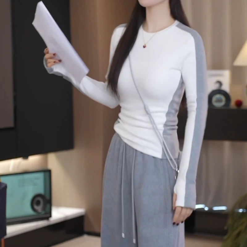 2025新款百搭气质圆领拼接撞色高弹修身打底衣LK2501191