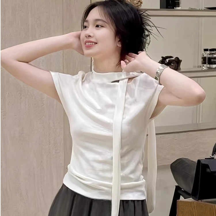 设计感飘带短袖t恤女2025新款夏季镂空露肩超好看独特漂亮上衣女