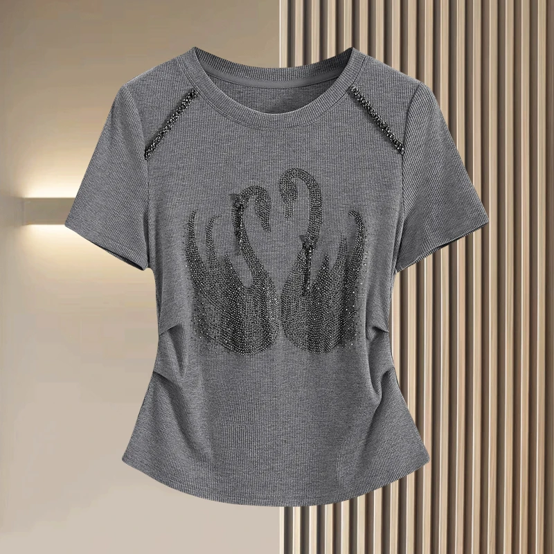 纯棉灰色捏褶重工烫钻短袖T恤女2025夏季新款时尚洋气显瘦上衣女