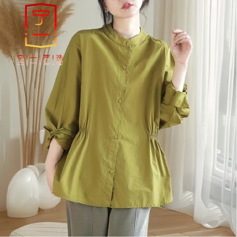 【宁一女装】时尚洋气显瘦原创复古文艺立领衬衫女纯色收腰显瘦气质