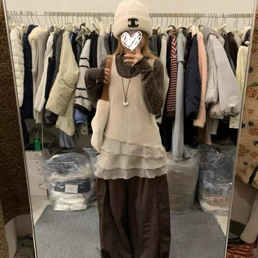 香醇巧克力 韩国新款层次感荷叶边背心叠穿小众针织衫马甲套装