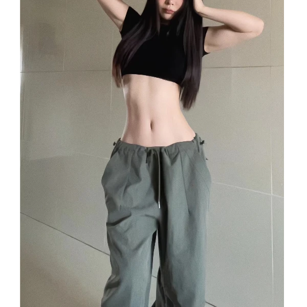 时尚抽绳高腰工装裤灰绿色休闲长裤女夏装宽松直筒阔腿裤拖地裤子