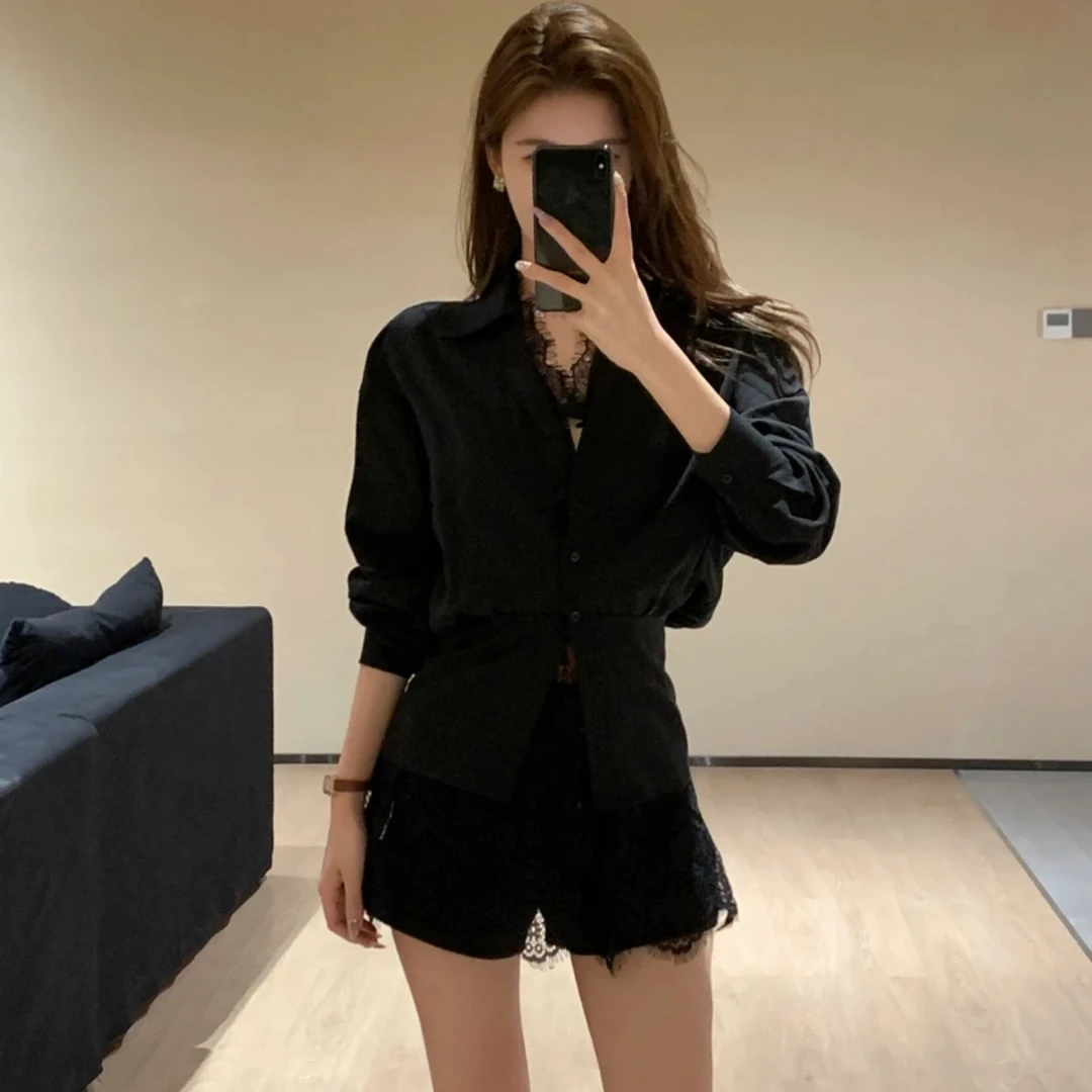 【XY】轻熟风黑色蕾丝衬衫女宽松长袖上衣+蕾丝背心裙+短裤套装