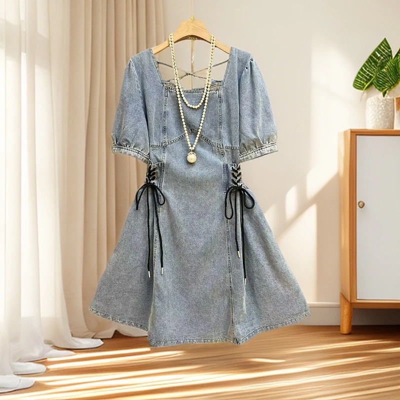 大码女装法式方领连衣裙女夏季胖遮肉显瘦牛仔裙泡泡袖收腰裙子