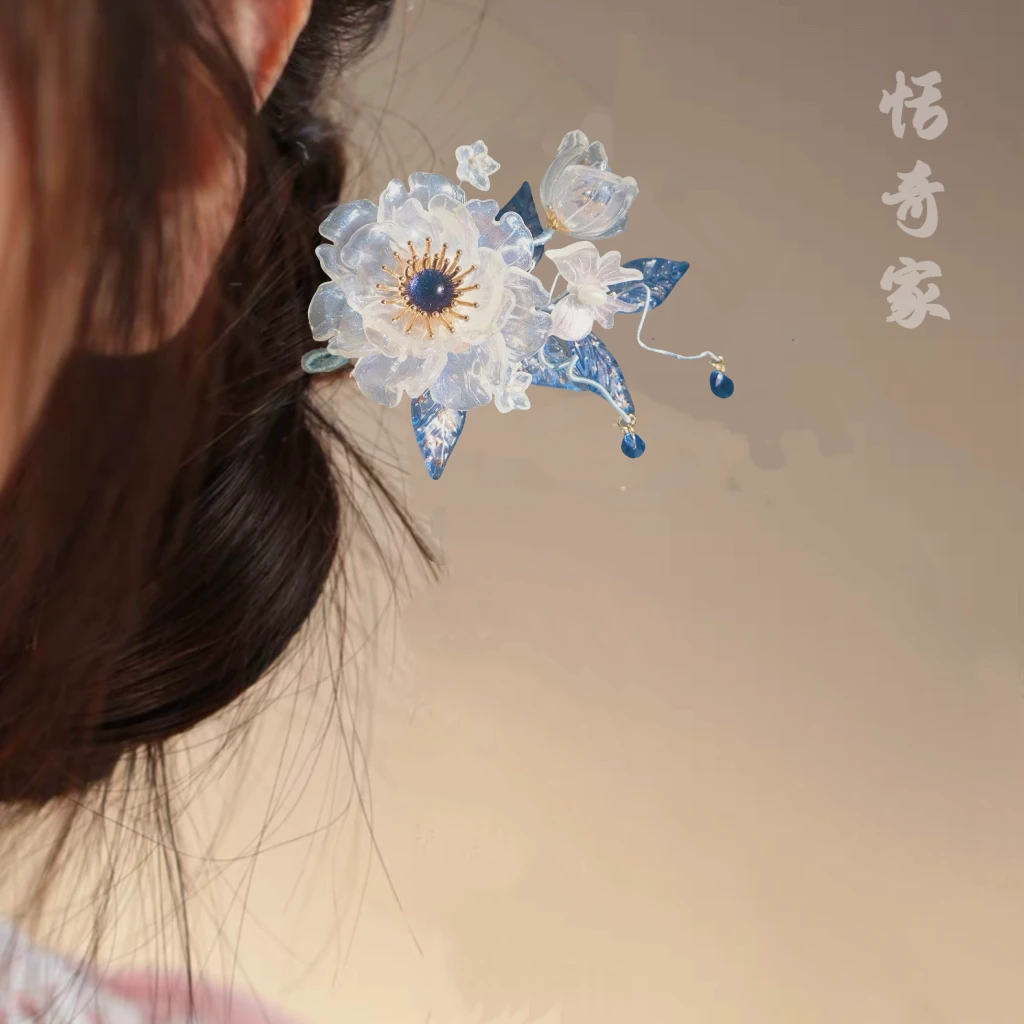 恬奇家a772”空谷幽兰“2.0升级重工款琉璃大花新淡雅发簪手工原创