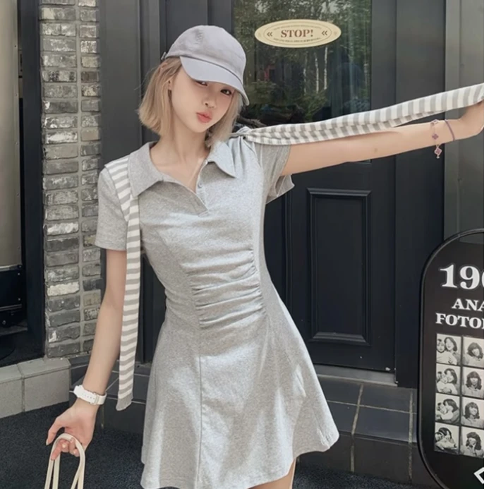 《猪猪出品》灰色翻领夏季短袖连衣裙休闲时尚假两件披肩554