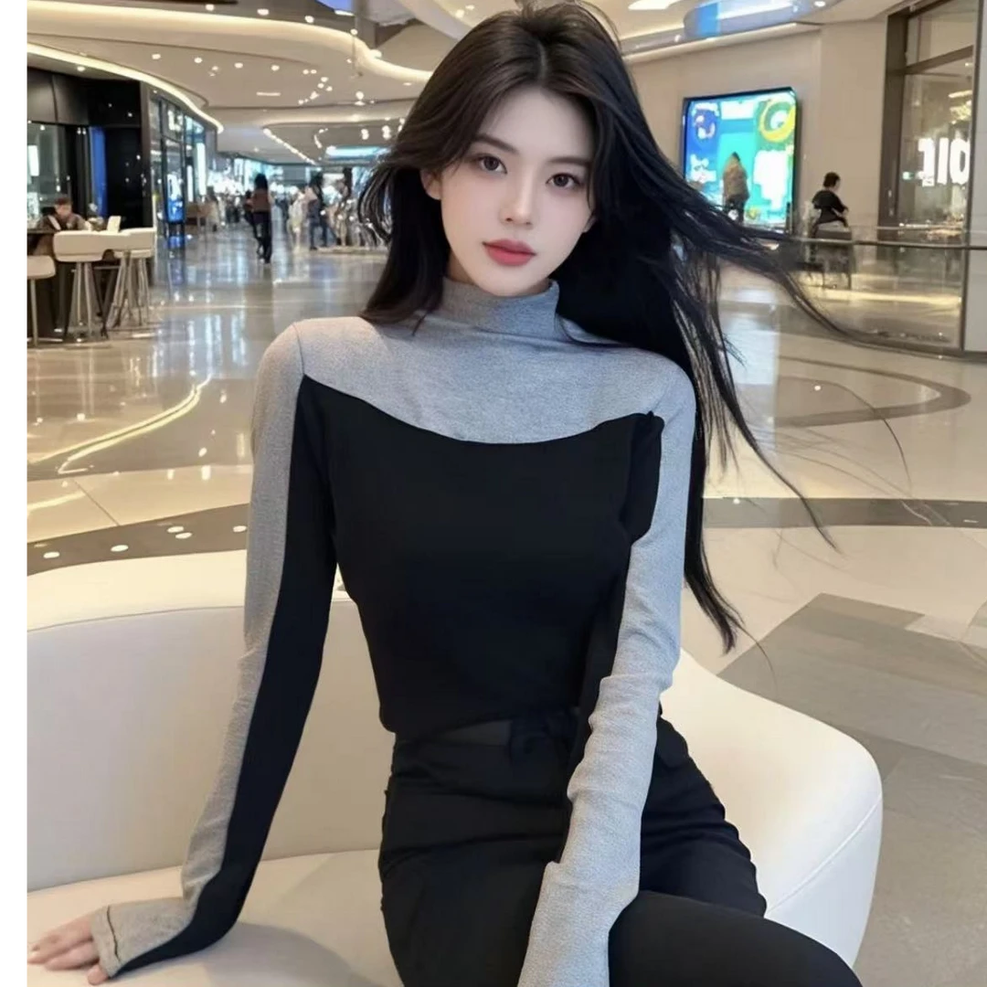 24007*新款高级感时尚拼色修身显瘦简约洋气百搭打底衫小上衣