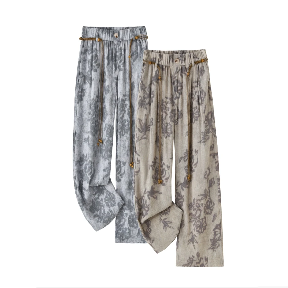 水墨画 | 亚麻窄版阔腿裤---水墨晕染--- 复古编织腰绳！