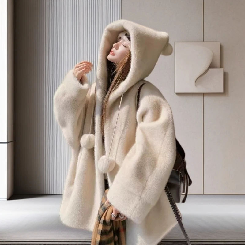 （2025）巫师帽冬季新款网红大衣遮肉显瘦加厚连帽长款毛毛外套