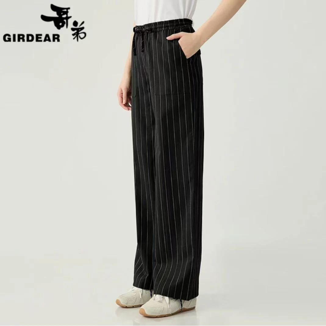 GIRDEAR/哥弟2025早春新款松紧腰绑带松弛酒脱条纹直筒裤 1100464
