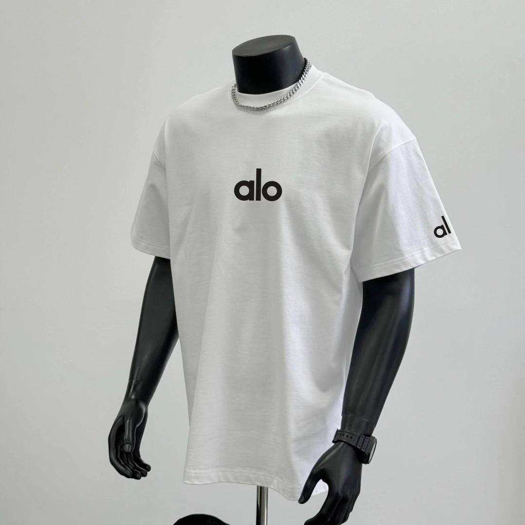 夏季新款简约短袖T恤 啊洛厚板alo字母百搭宽松小领口圆领男女t恤