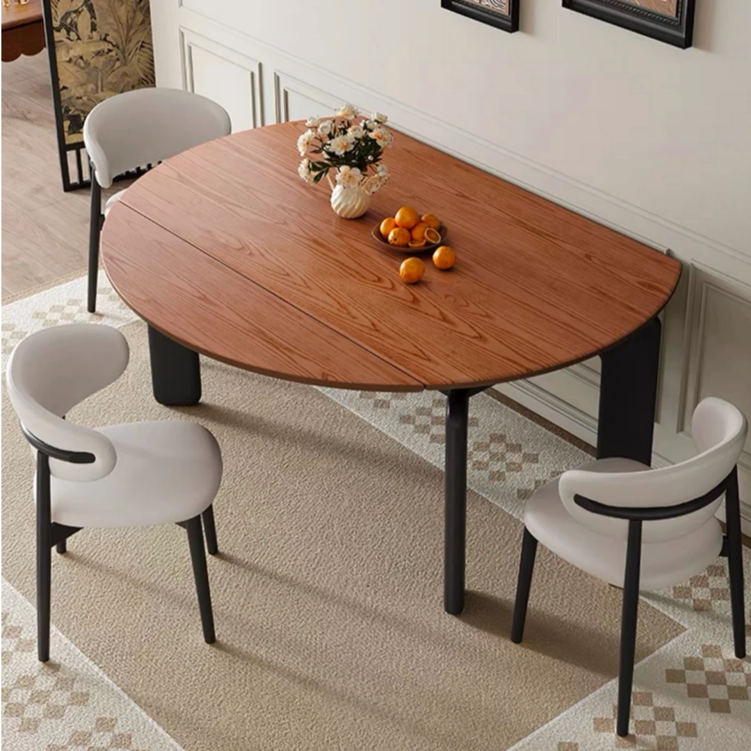 中古风实木餐桌可伸缩家用小户型可折叠复古风方圆两用大象腿餐桌