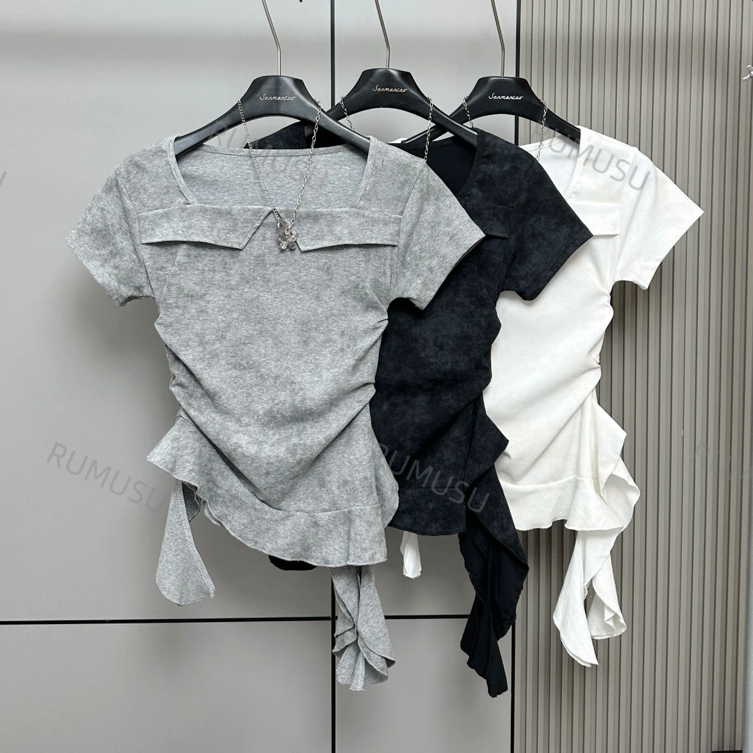 设计感方领不规则下摆荷花边短袖2025夏季收腰显瘦短袖上衣女