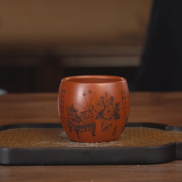 6168原矿紫砂茶具大红袍泥料刻绘清供图主人杯130ccYY