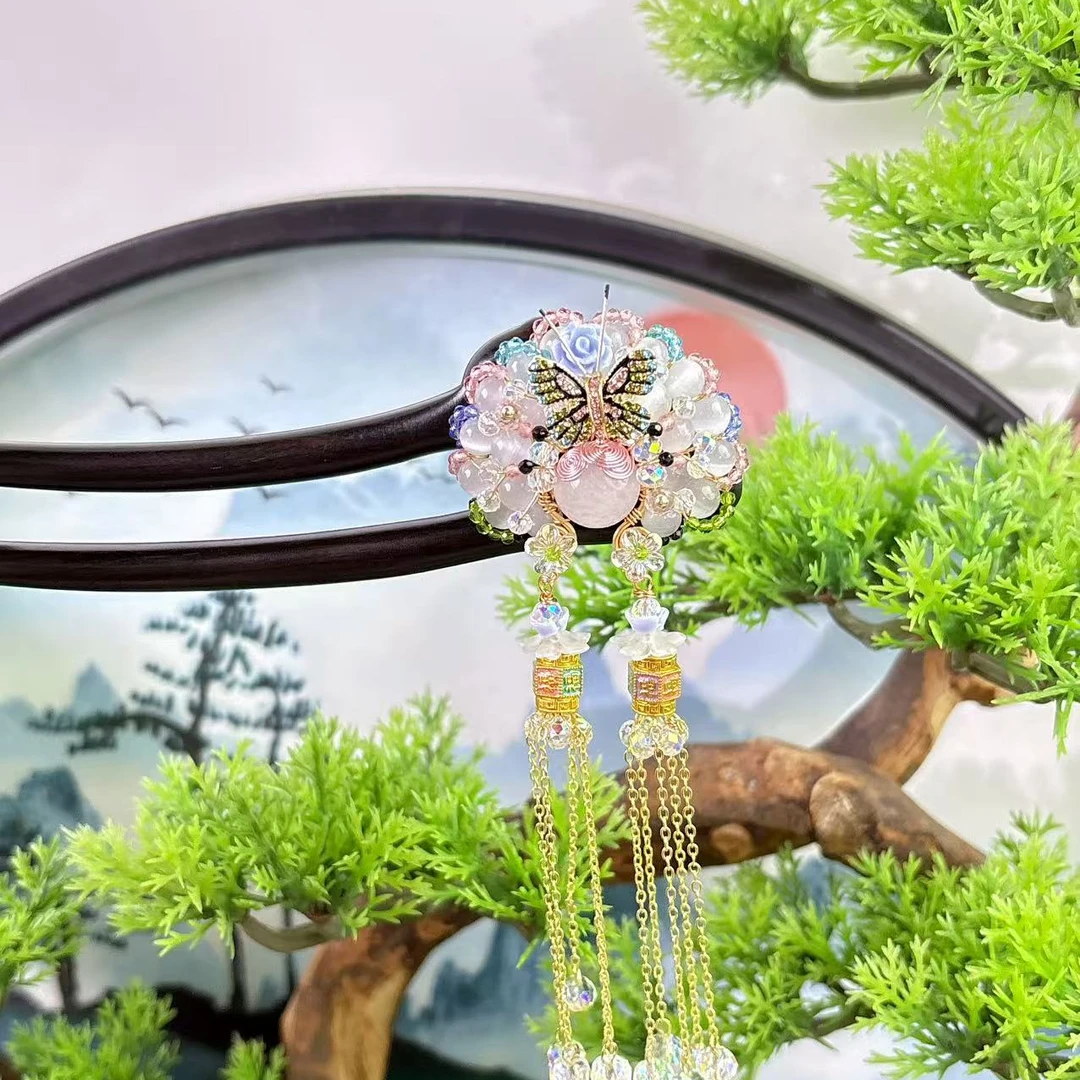 T30原创双钗蝴蝶长流苏刀马旦百搭中国风15公分发簪