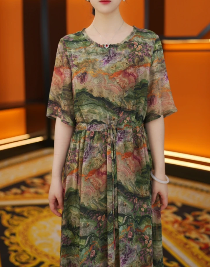 2025杭州新款修身显瘦过膝长裙子碎花短袖连衣裙女