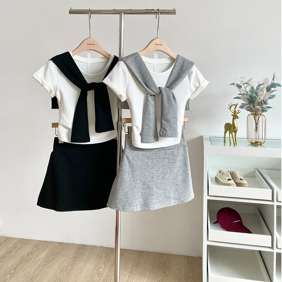 十三行~夏季新款韩版学院风百搭短袖上衣女纯欲小众辣妹短裙套装