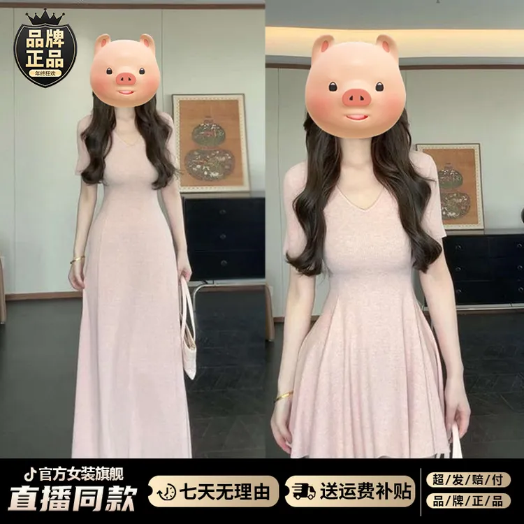 独特漂亮掐腰裙2025新款气质显瘦收腰短袖T恤裙V领连衣裙子女夏季