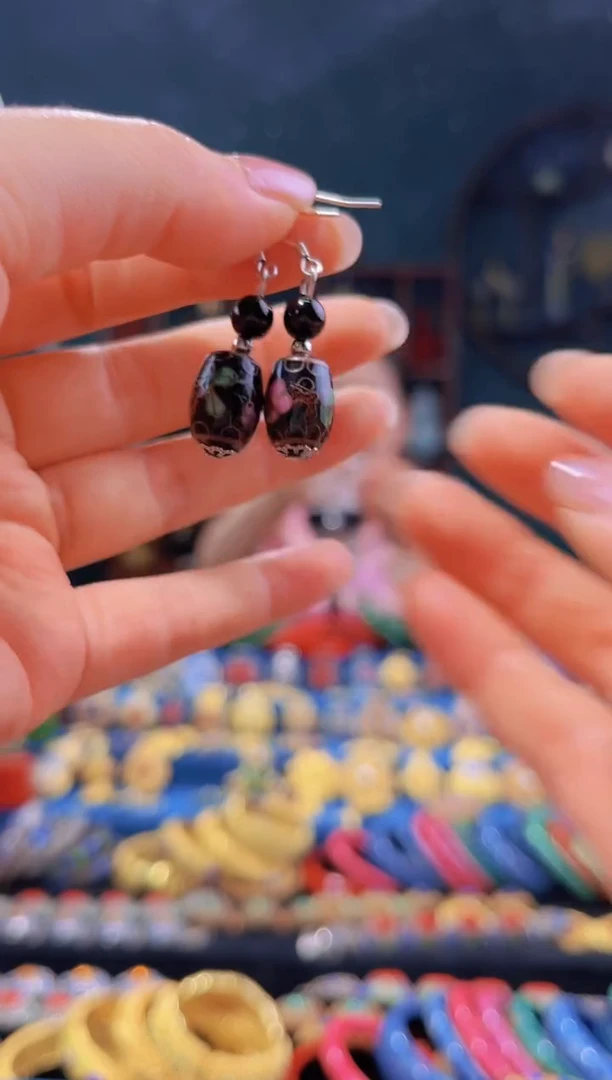 非遗绝技 景泰蓝鼓珠耳环 黑