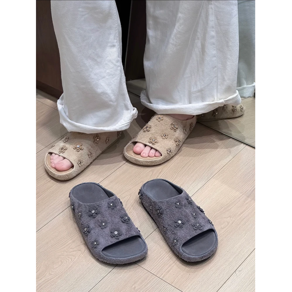 自留版~厚底圆头勃肯拖鱼嘴露趾凉拖鞋女一脚蹬重工铆钉花朵拖鞋