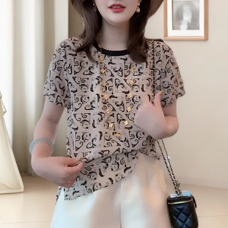 气质圆领短袖t恤女夏季装洋气减龄体恤时尚印花小衫薄款雪纺上衣