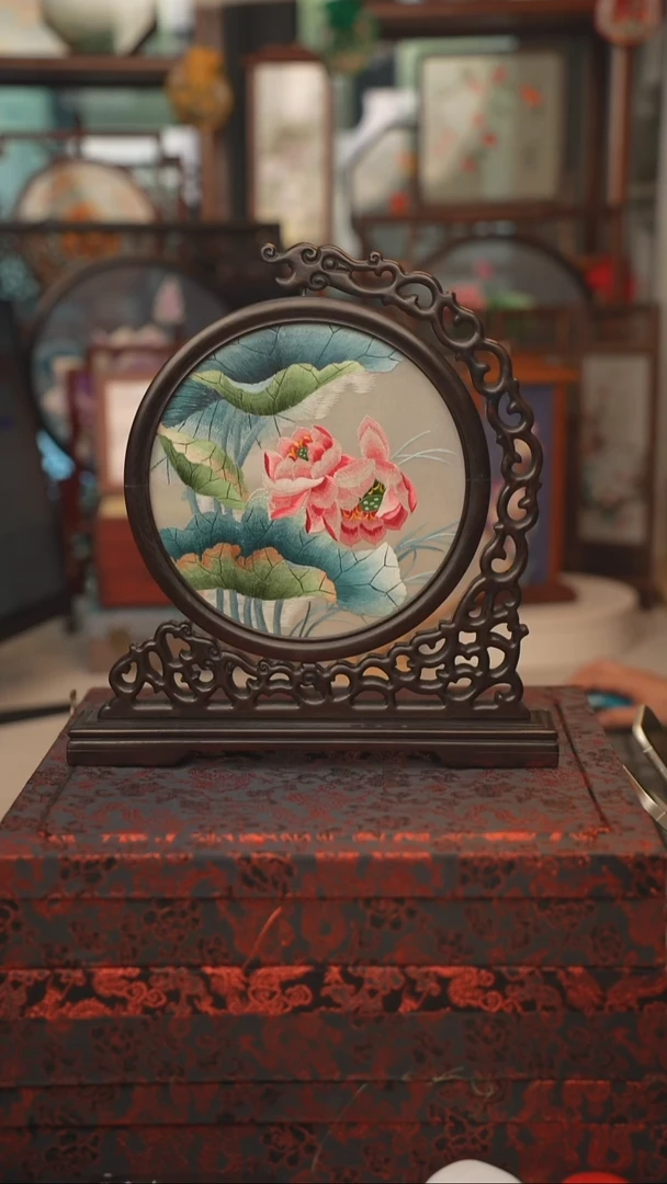 扇子龙头架 苏绣双面绣摆台