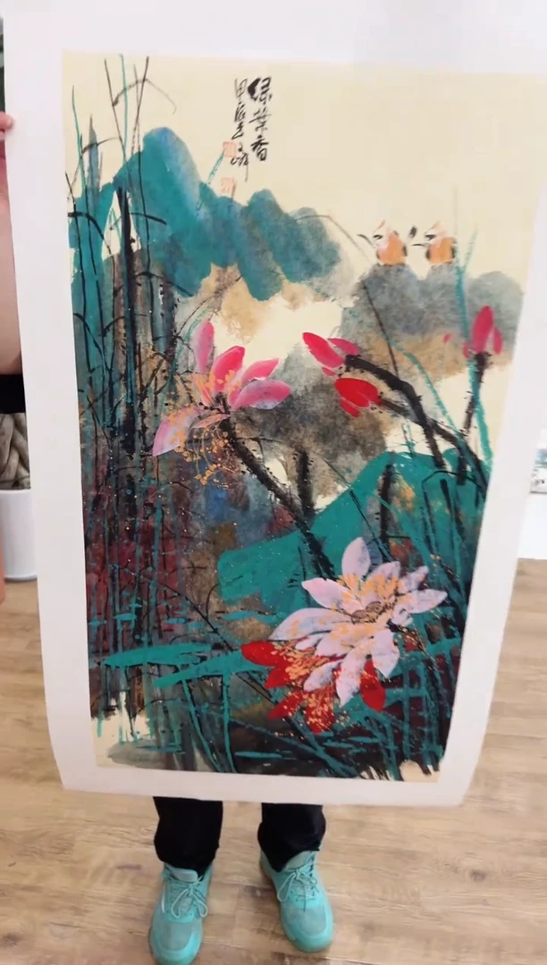 国画李文峰三尺整张亮彩荷花