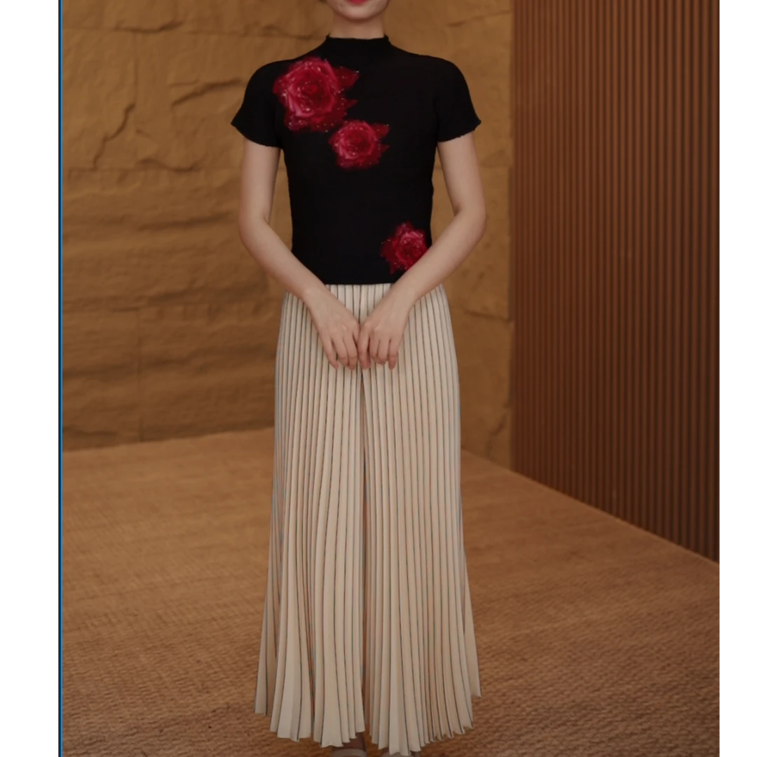 HHH华姐两件套新款压褶印花玫瑰花显瘦洋气短袖