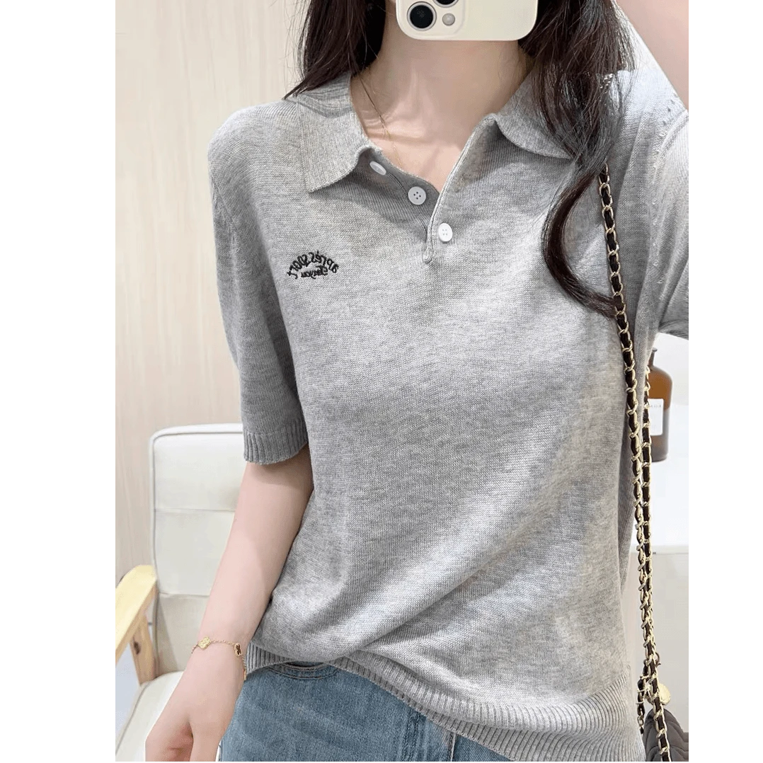 欧货灰色POLO领正肩短袖针织衫女春夏显瘦气质翻领字母t恤上衣