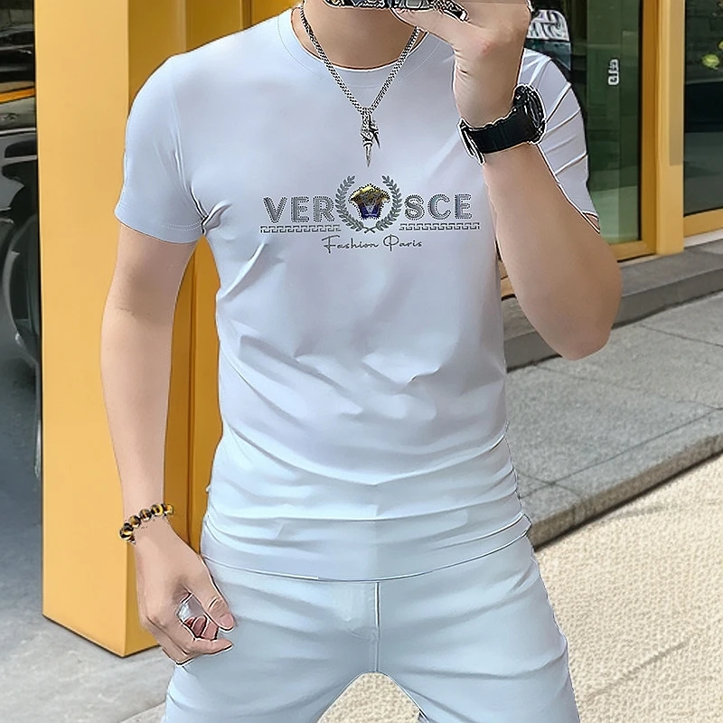 欧货夏季潮牌男士圆领短袖丝光棉潮流T恤重工嵌花烫钻休闲体恤ins