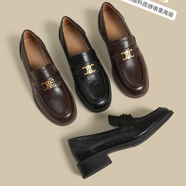 真皮复古英伦小皮鞋女2025春季新款单鞋黑色粗跟百搭工作乐福鞋