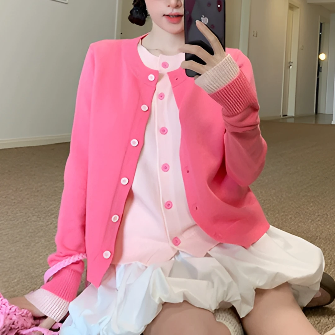 韩版减龄甜美粉色假两件毛衣女2025早春新款温柔针织开衫洋气上衣