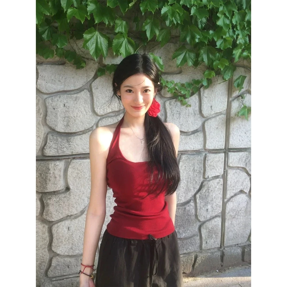 纯欲风辣妹挂脖背心女夏季2025修身显瘦短款u领吊带上衣-025**