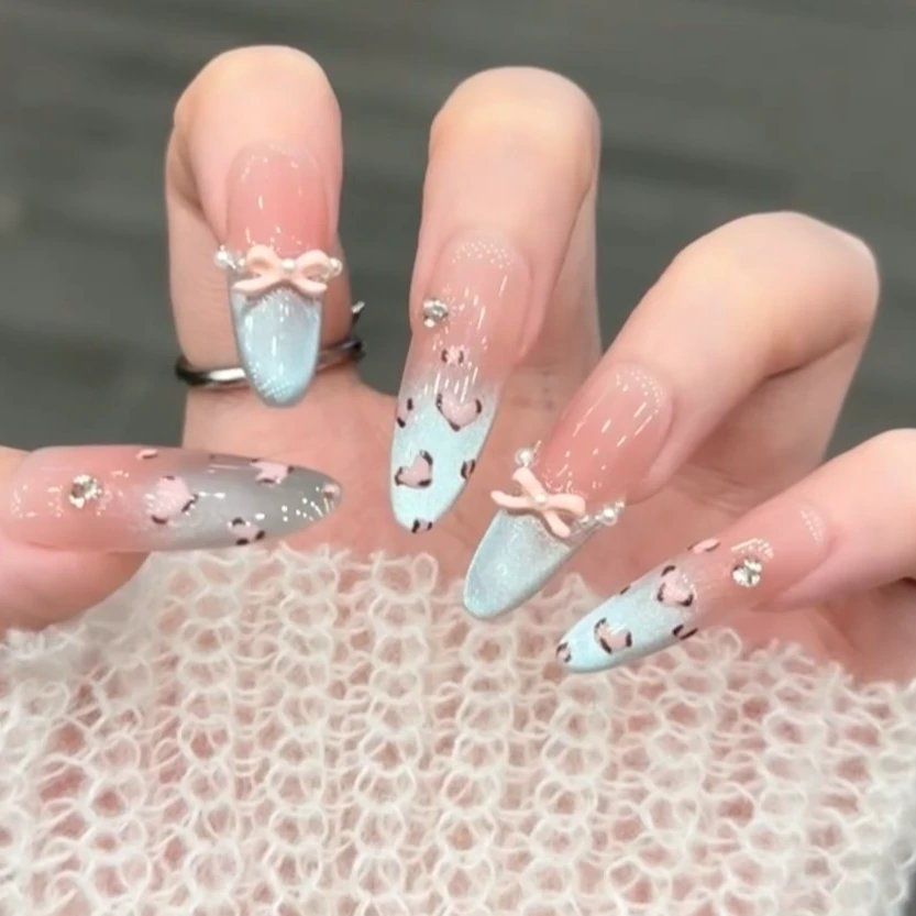 【海盐奶豹】新款纯手工穿戴甲蓝色猫眼高级感手绘豹纹显白光疗甲贴