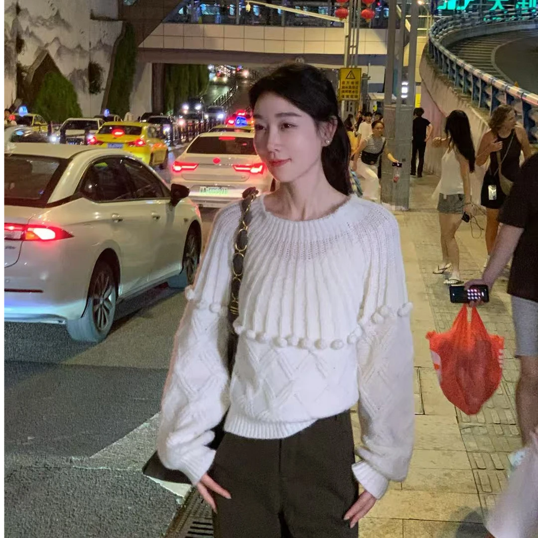 OUDOCKEE 鸥纪儿 【绵羊毛】奶呼呼 毛绒球麻花纹针织衫 M2503Y540T