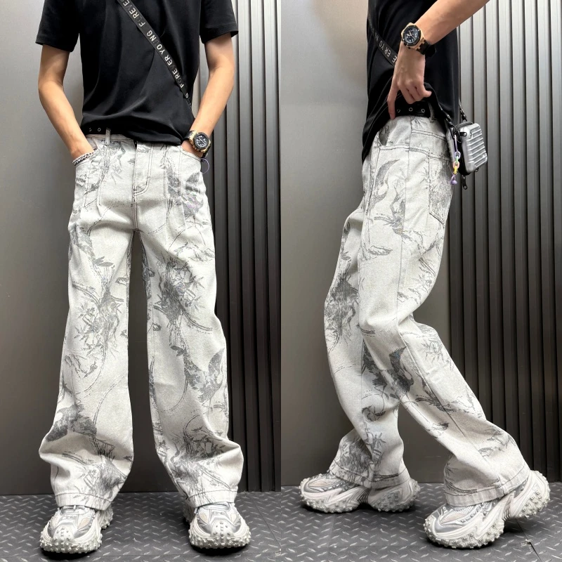 裤子男士新款宽松垂坠秋冬高街风百搭牛仔长裤水墨植物印花阔腿裤